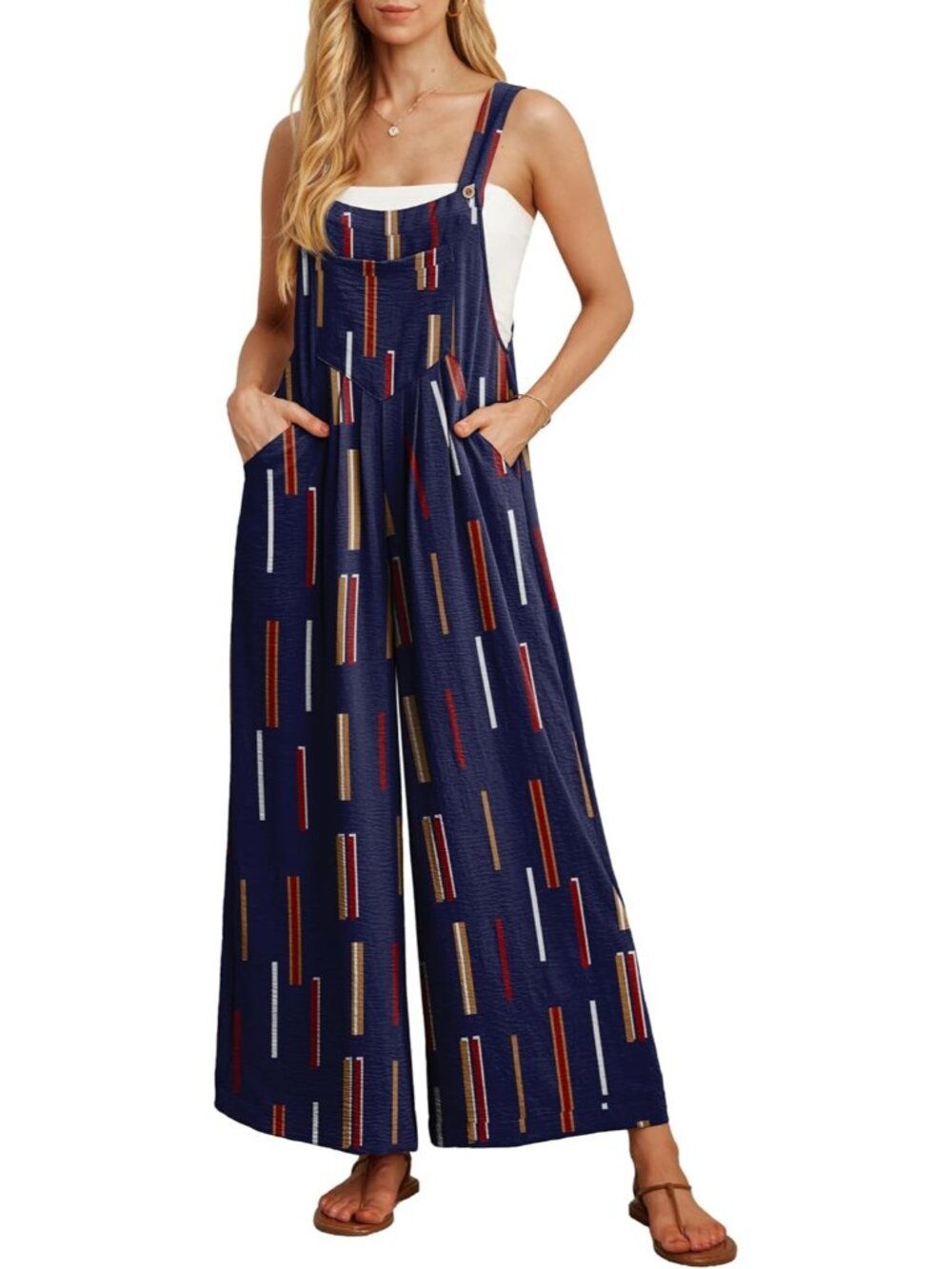 Women's Navy Blue Stripe Summer Boho Wide Leg Overalls Loose Rompers with Pocket